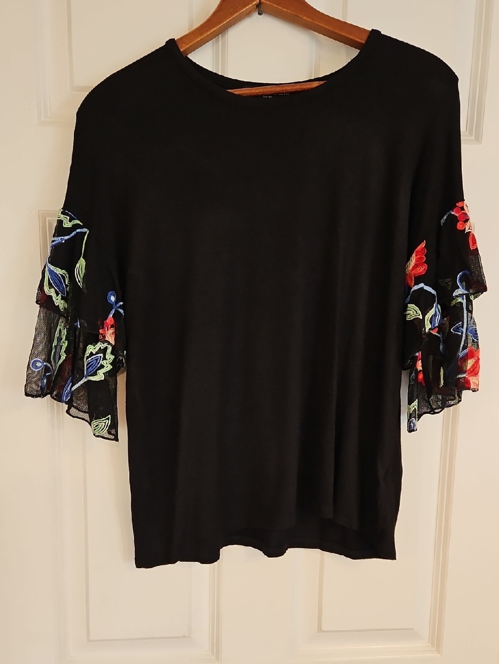 Kim & Cami Black Top with Embroidered Flutter Sleeves